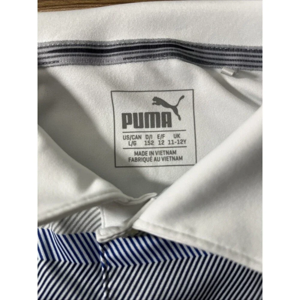 BOYS’ PUMA POLO SHIRT, WHITE BLUE STRIPES SIZE LARGE IN KIDS